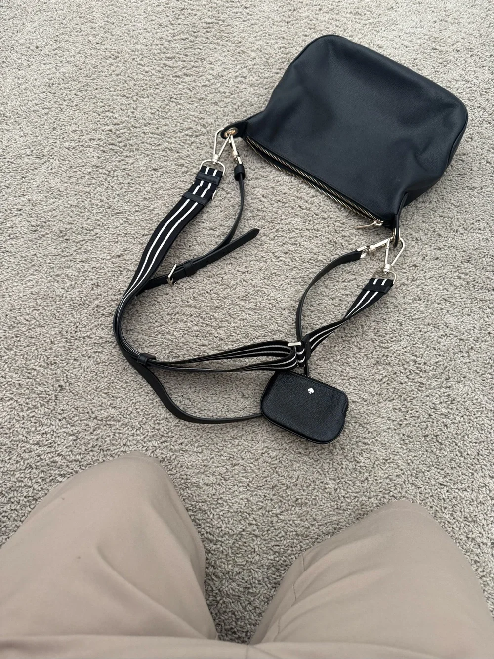 kate spade black pebbled leather shoulder bag with striped strap